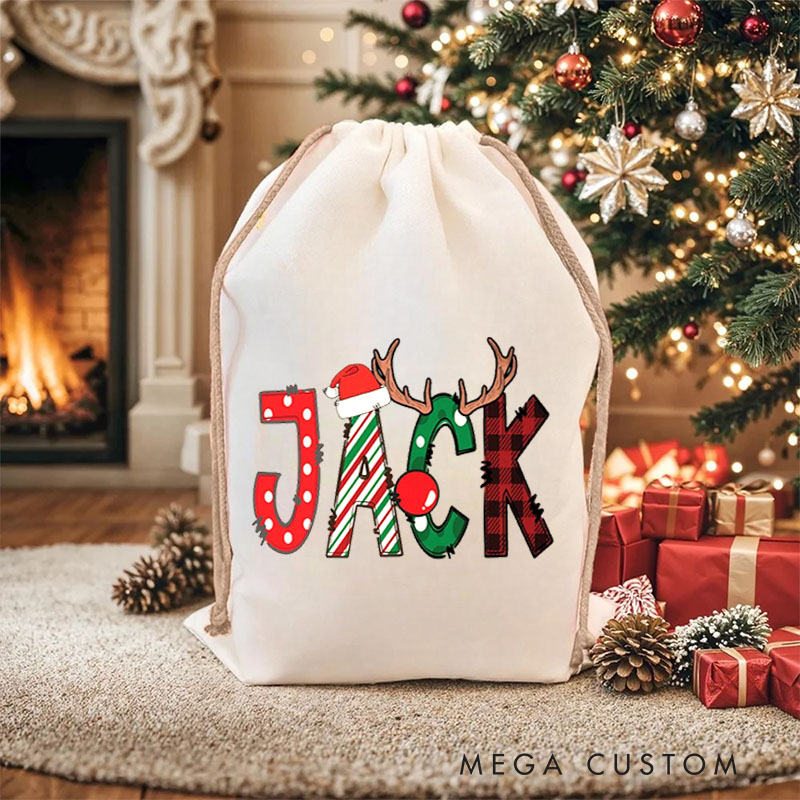 Personalized Festive Name Christmas Bag with Santa Hat and Reindeer Antlers for Holiday Cheer