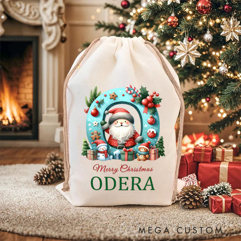 Personalized Santa Initial Christmas Bag with Festive Ornaments and Name for a Merry Celebration