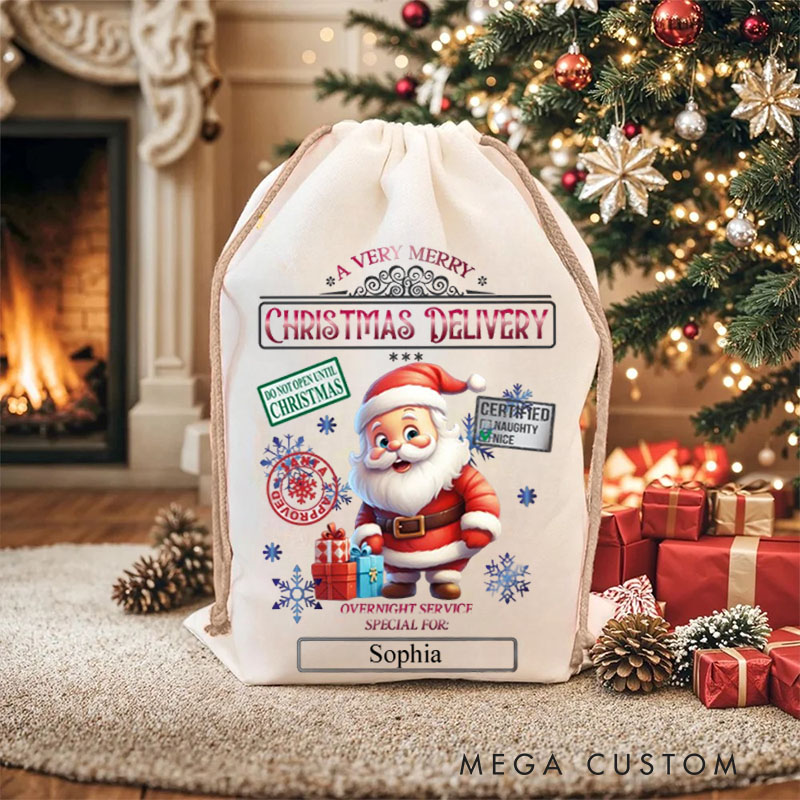 Personalized Santa Express Delivery Christmas Bag with Festive Stamps and Name for a Magical Holiday Gift