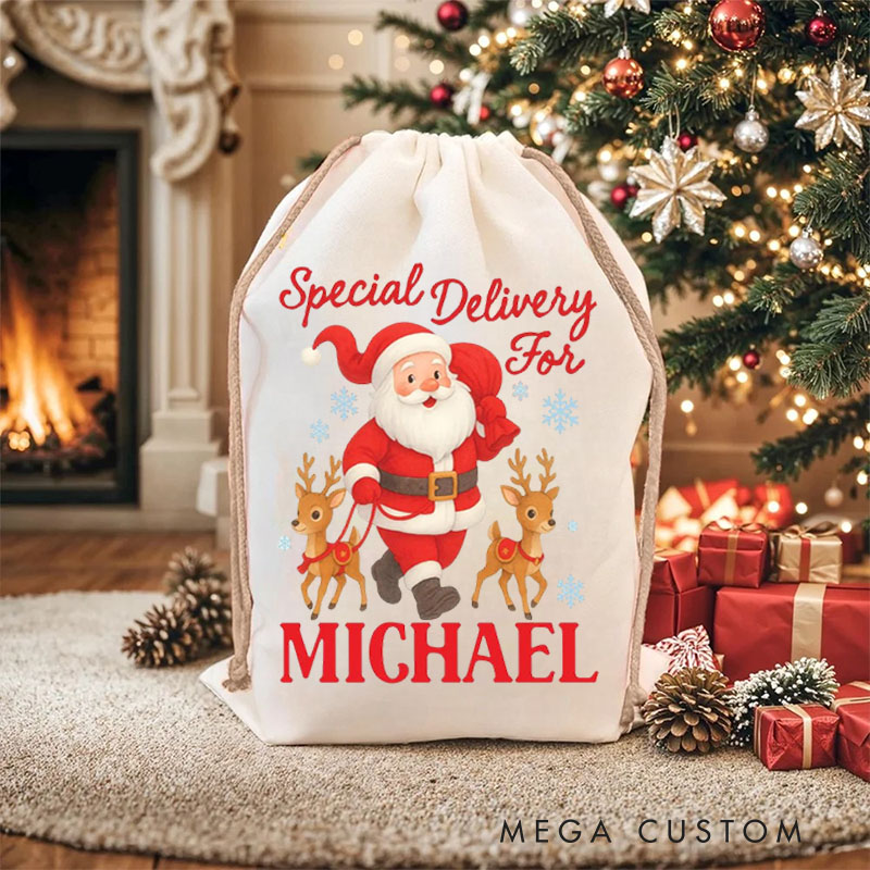 Personalized Santa and Reindeer Christmas Bag with Special Delivery Message and Name for a Festive Holiday
