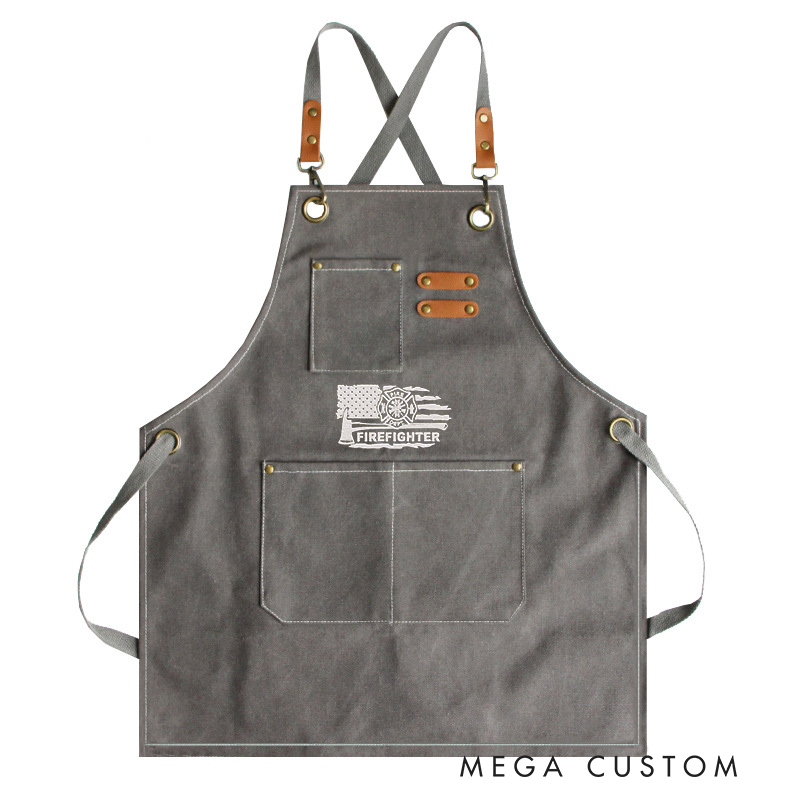 Personalized Firefighter Black Canvas Apron with Adjustable Straps and Pockets Gift for Firefighters and Everyday Use