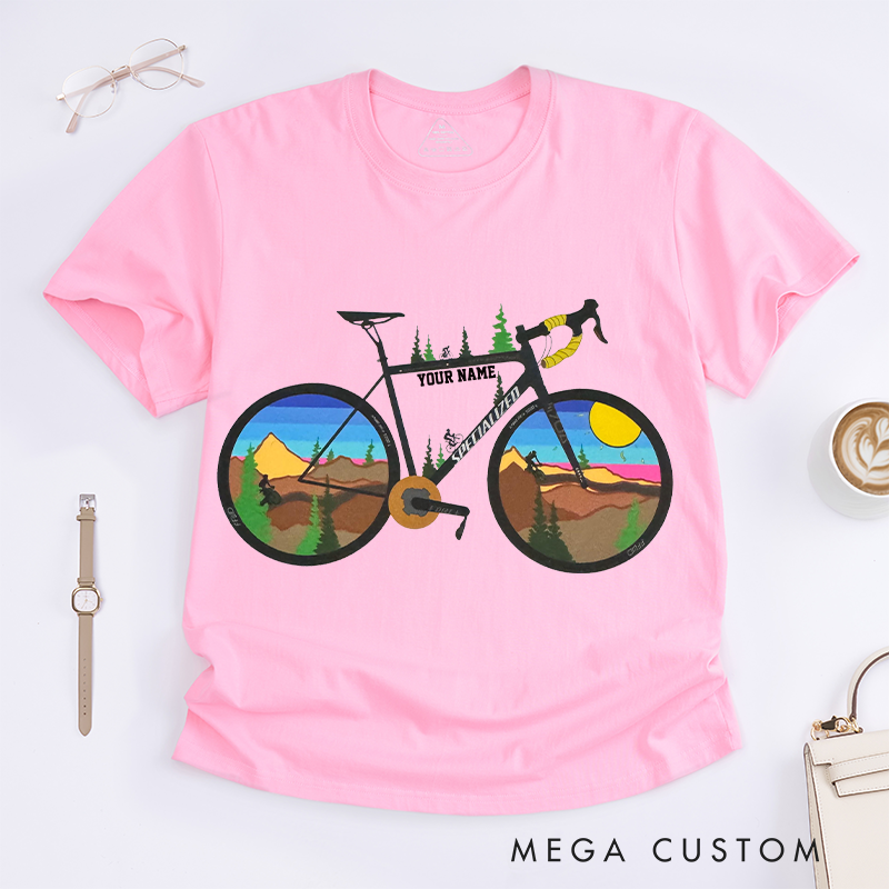 Personalized Scenic Bicycle T-Shirt with Vibrant Landscape Scenes in the Wheels for Outdoor Adventures Riding Cycling Biking Enthusiasts