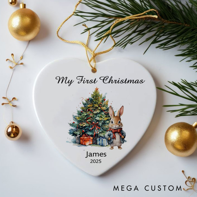 Personalized Holiday Bunny with Gifts and Christmas Tree Baby Christmas Ornament Baby Shower 1st Christmas Gift