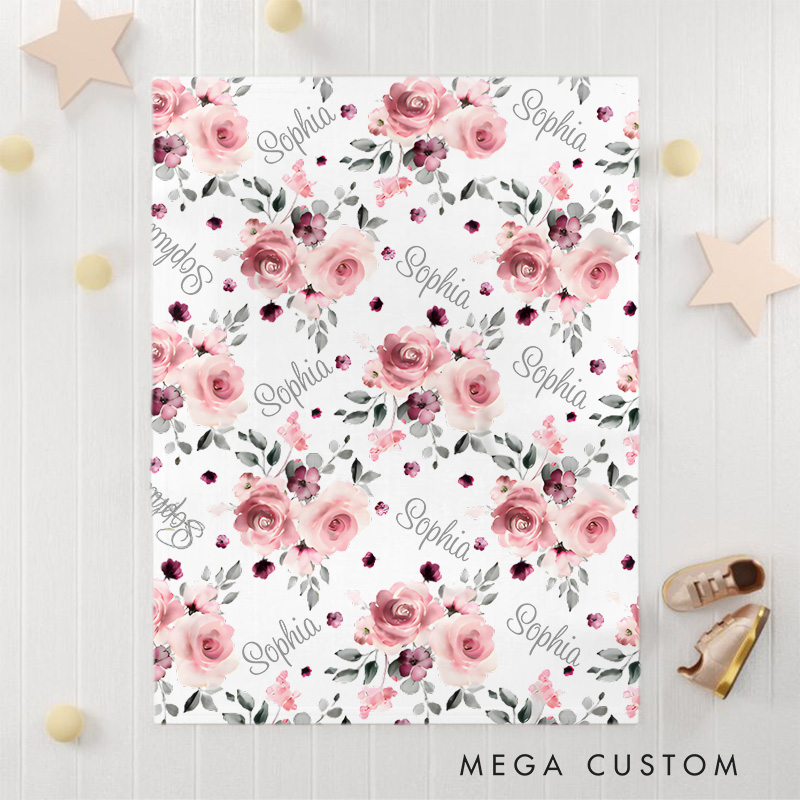 Personalized Pink Floral Pattern Sweet Blossoms Delight Baby Blanket