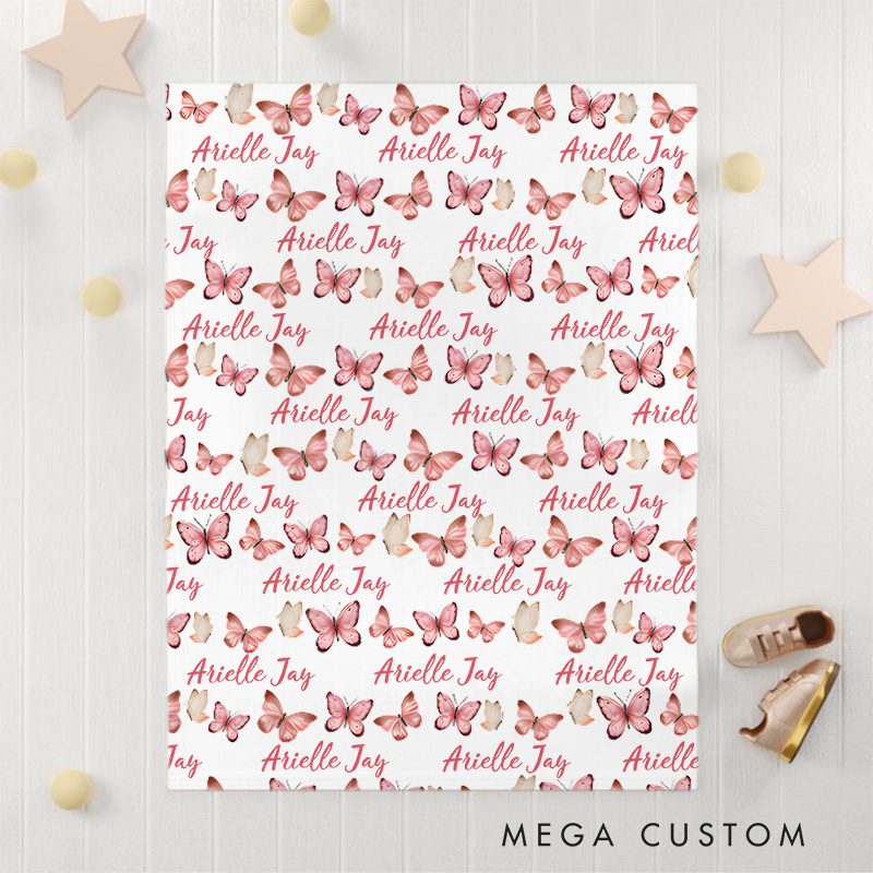 Personalized Pink Butterflies Dreamy Fluttering Pattern Baby Blanket