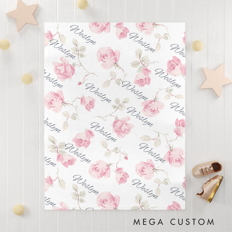 Personalized Pink Floral Pattern Delicate Rose and Leaf Elegant Baby Name Design Baby Blanket
