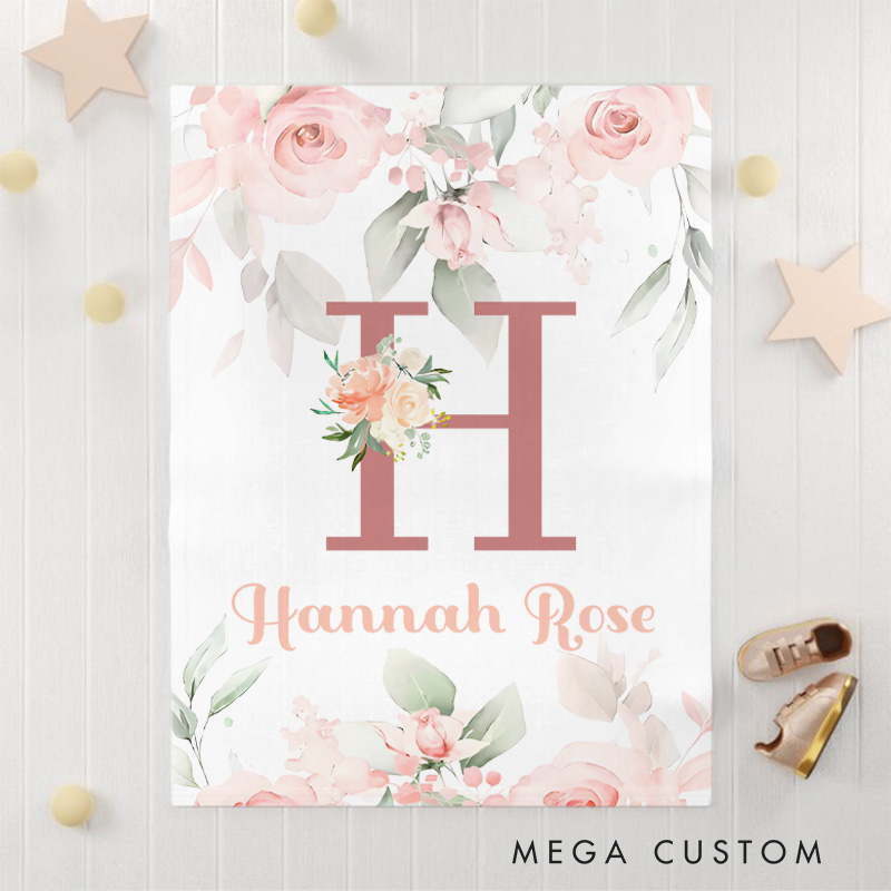 Personalized Initial with Floral Frame Graceful Monogram Baby Blanket