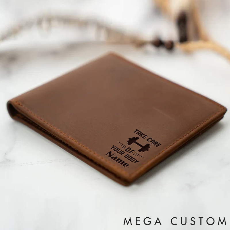 Personalized Fitness Leather Wallet with Custom Name Barbell Take Care of Your Body for Fitness Enthusiasts Bodybuilders and Gym Lovers