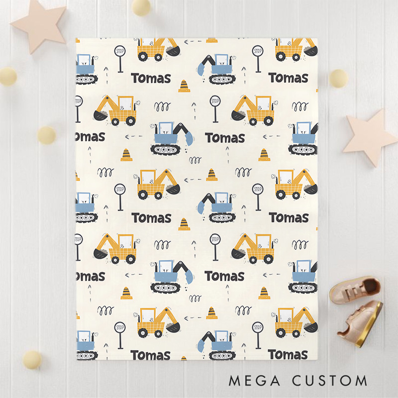 Personalized Construction Vehicles Name Pattern Fun and Playful Diggers and Trucks Inspired Baby Blanket