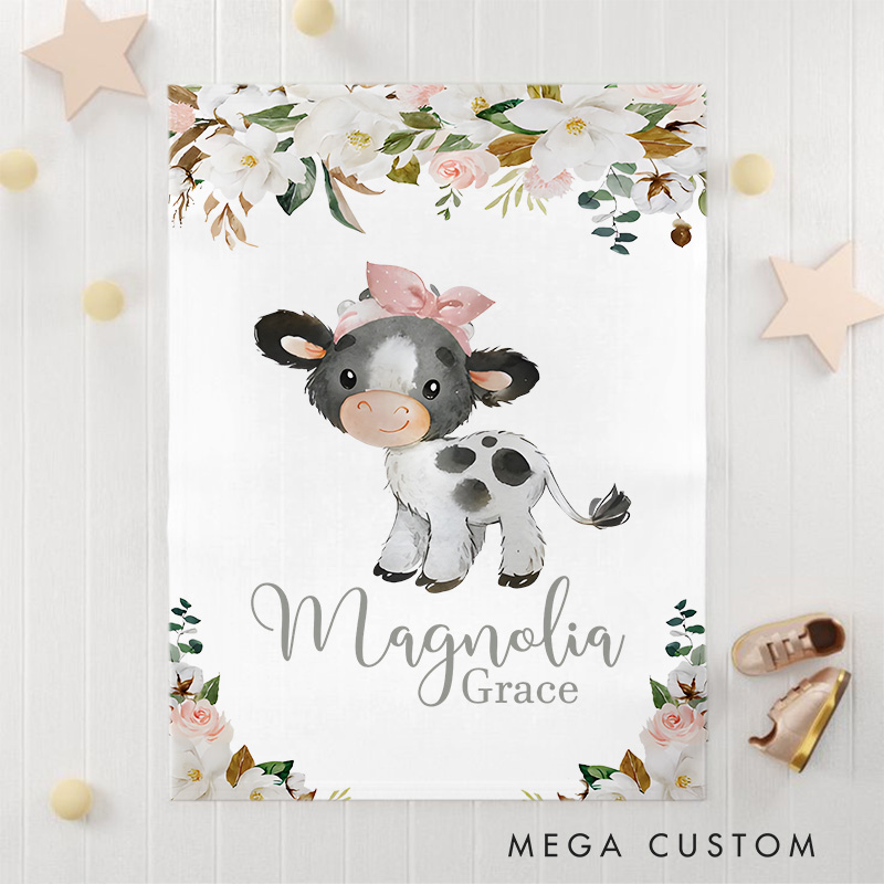 Personalized Adorable Cow with Floral Accents Name Pattern Sweet Farm Animal Inspired Baby Blanket