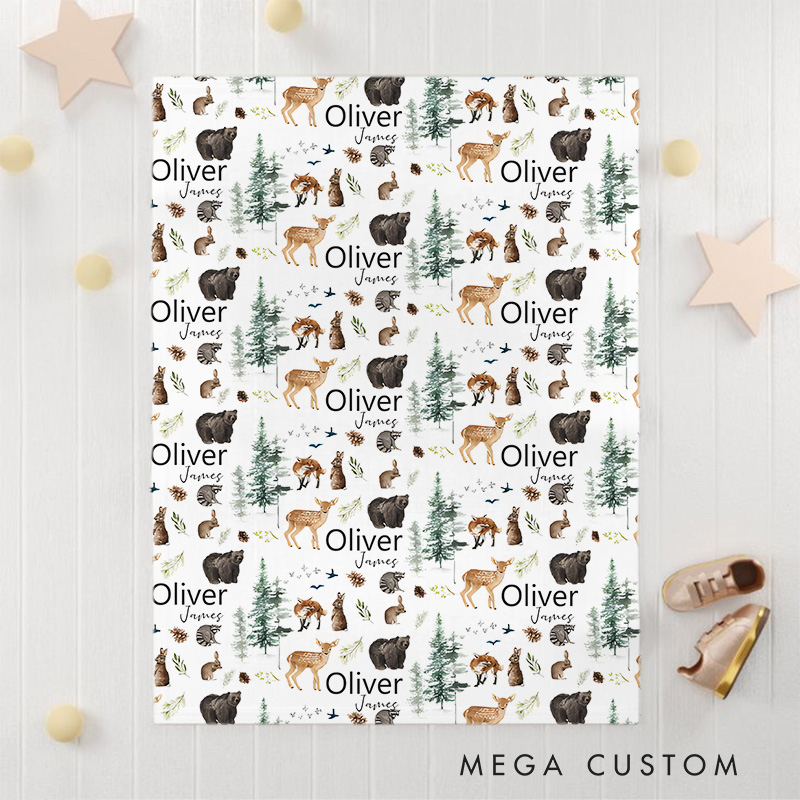 Personalized Woodland Animals Name Pattern Forest Creatures and Nature Inspired Soft Cozy Baby Blanket