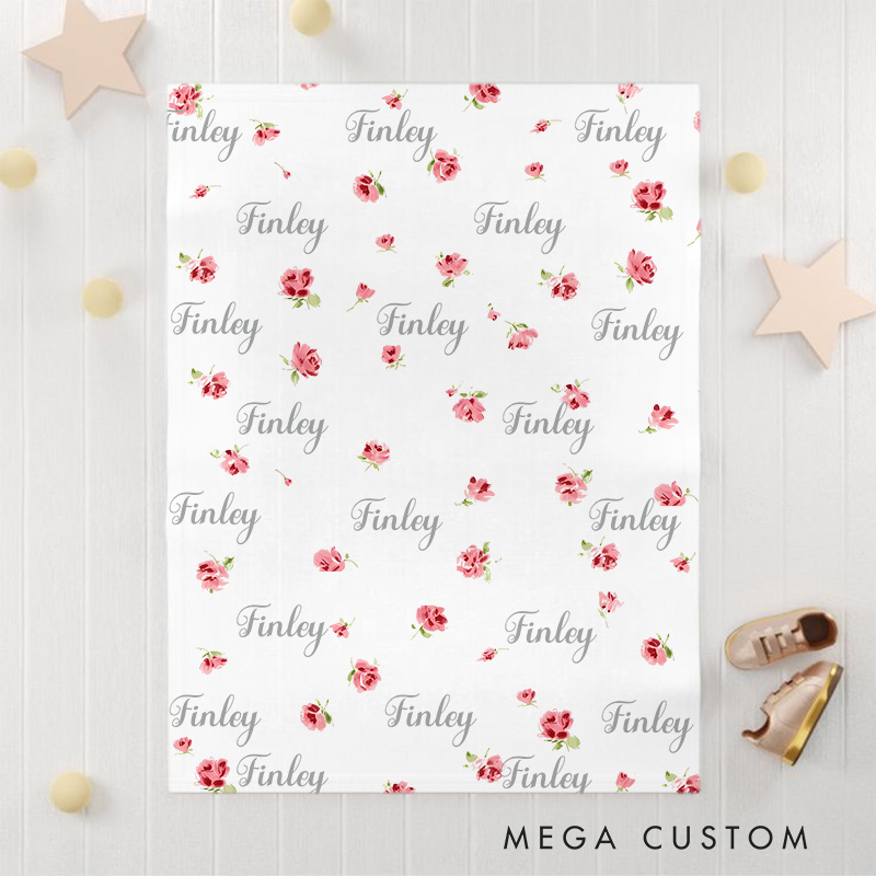 Personalized Pink Floral Name Pattern Delicate Roses and Soft Pastel Design Cozy Keepsake Baby Blanket