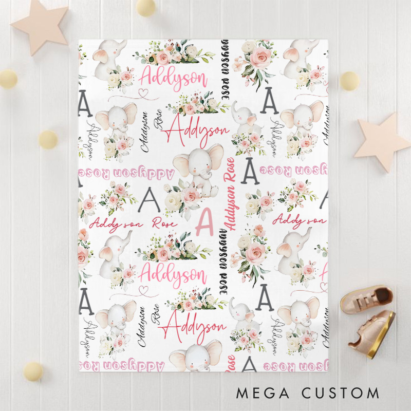 Personalized Pink Floral and Elephant Name Design Sweet Whimsical Soft Cozy Keepsake Baby Blanket