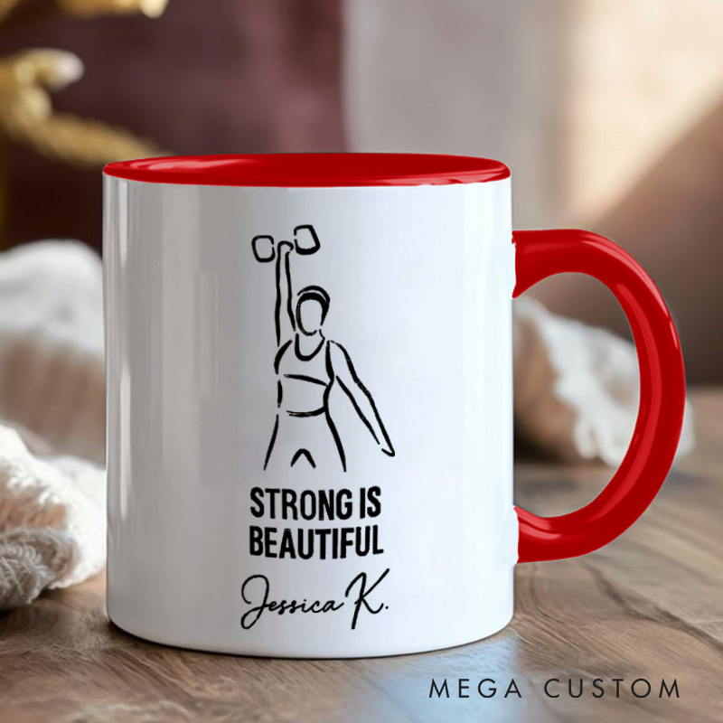 Personalized Fitness Mug Strong is Beautiful with Custom Name Gift Motivational Coffee Cup for Fitness Enthusiasts Bodybuilders and Gym Lovers