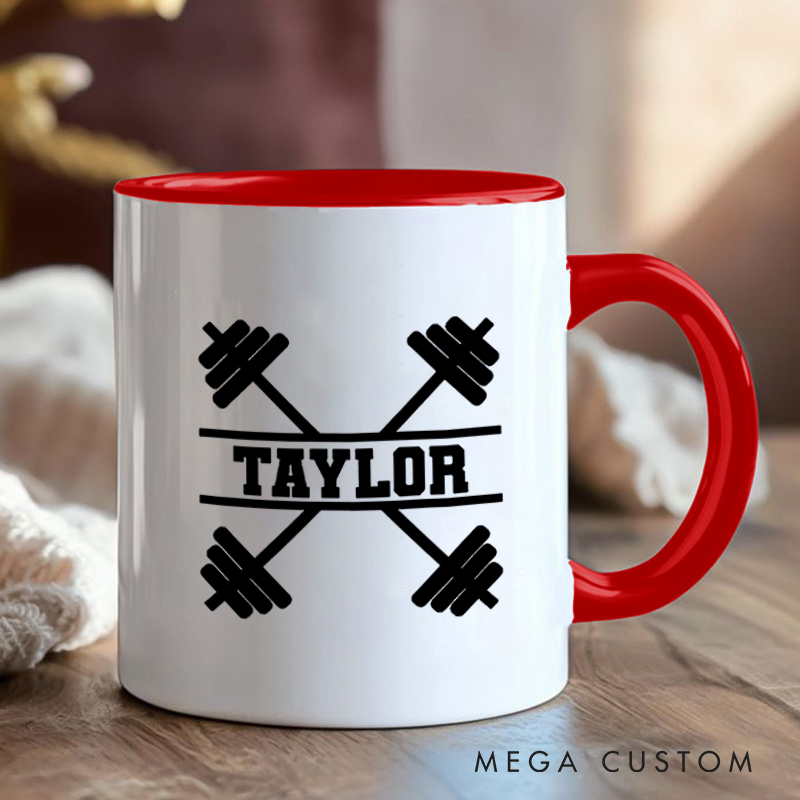 Personalized Fitness Mug with Crossed Dumbbell Design Gift Motivational Coffee Cup for Fitness Enthusiasts Bodybuilders and Gym Lovers