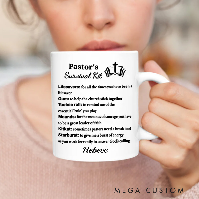 Personalized Pastor's Survival Kit Ceramic Mug with Name Gift for Pastor Custom Coffee Cup Pastor Appreciation Gift Retirement Gift Anniversary Gift