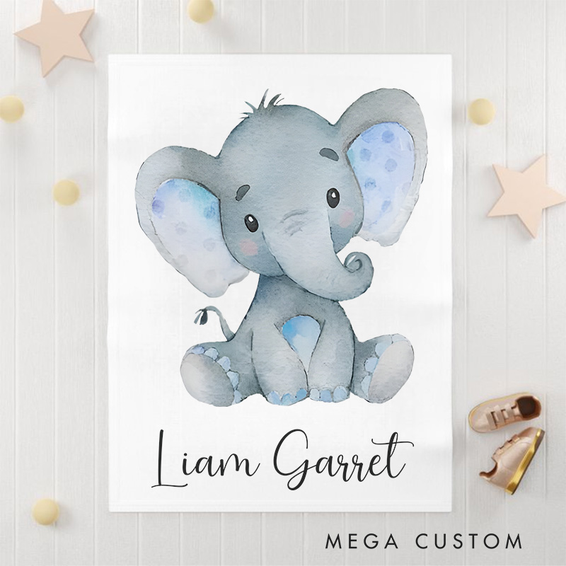 Personalized Elephant Illustration Name Baby Blanket Showcasing A Sweet And Playful Elephant Design Baby Blanket  