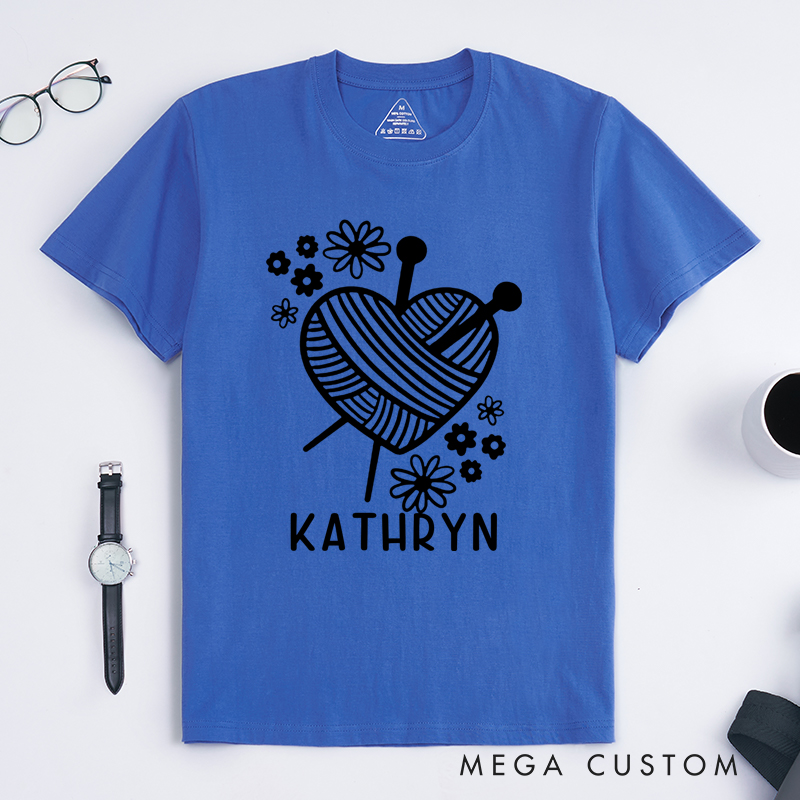 Personalized Knitting Heart Classic T-Shirts Gift for Knitting Lovers Cute Yarn Design Shirt Funny Knitting Tee