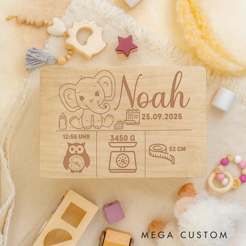 Personalized Wooden Keepsake Box Sweet Elephant Birth Dates Birthday Gift for Baby