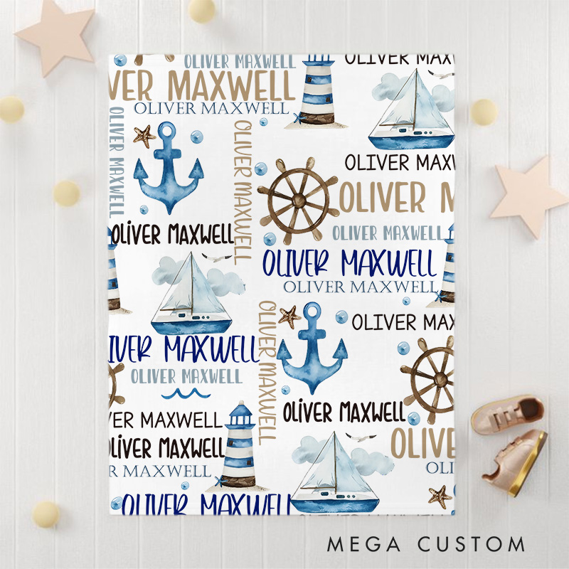 Personalized Nautical Theme Baby Blanket Featuring Anchors, Ships, And A Fun Ocean-Inspired Style Baby Blanket  