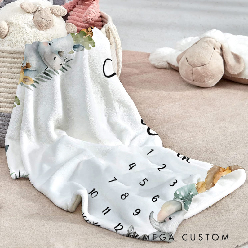 Personalized Safari Milestone Baby Blanket Showcasing Cute Safari Animals And Milestone Tracking Baby Blanket  