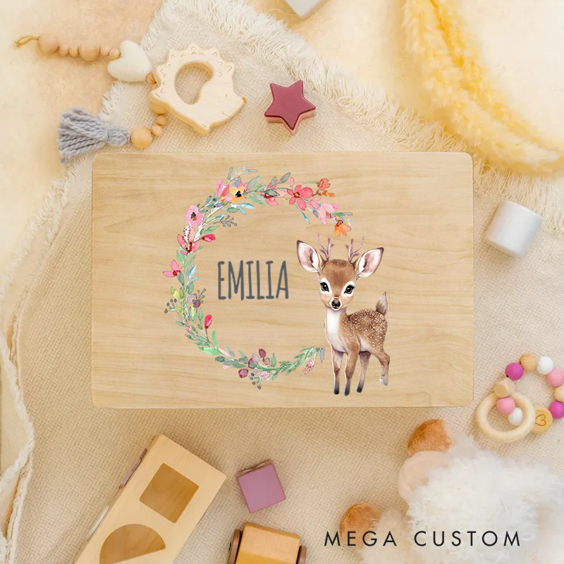 Personalized Deer and Floral Wreath Graphic Keepsake Box New Baby Girl Boy Gift