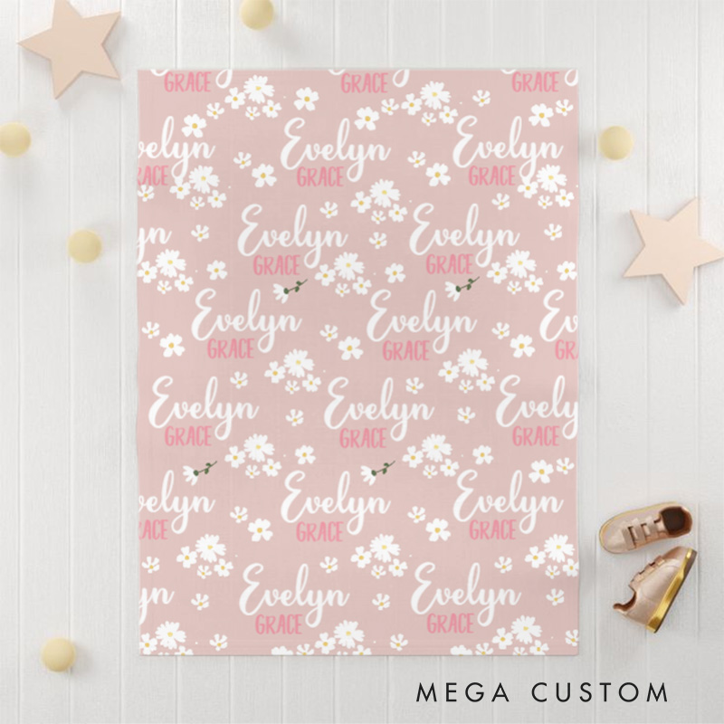 Personalized Delicate Floral Pattern Name Repeating Soft and Charming Elegant Keepsake Baby Blanket