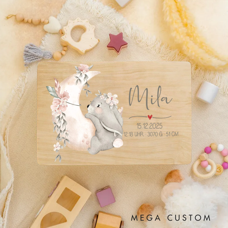 Personalized Baby Memory Box Bunny on the Moon Gift for Birth & Baptism for Girls