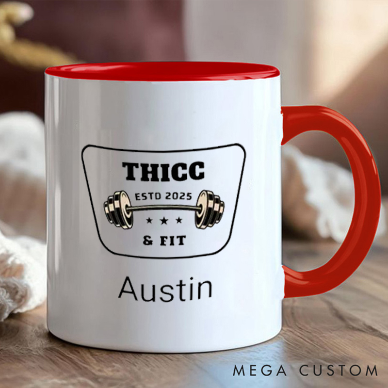 Personalized Thicc Fit Coffee Cup Mug with Dumbbell Graphic and Name Gift for Fitness Enthusiasts Bodybuilders and Gym Lovers