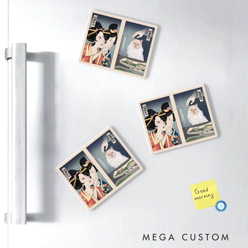 Personalized Woman Yelling at Cat Fridge Magnet Japanese Ukiyo-e style Magnets Cat Meme Kitchen Decor for Cat Mom Dad Japanese Lover Ukiyomemes