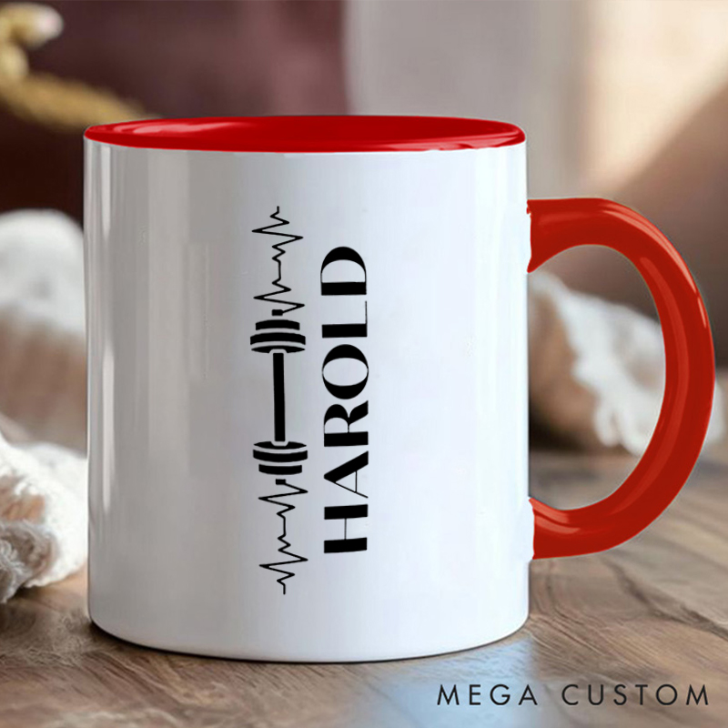 Personalized Workout Lover Coffee Cup Mug with Dumbbell and Heartbeat Design for Fitness Enthusiasts Bodybuilders and Gym Lovers