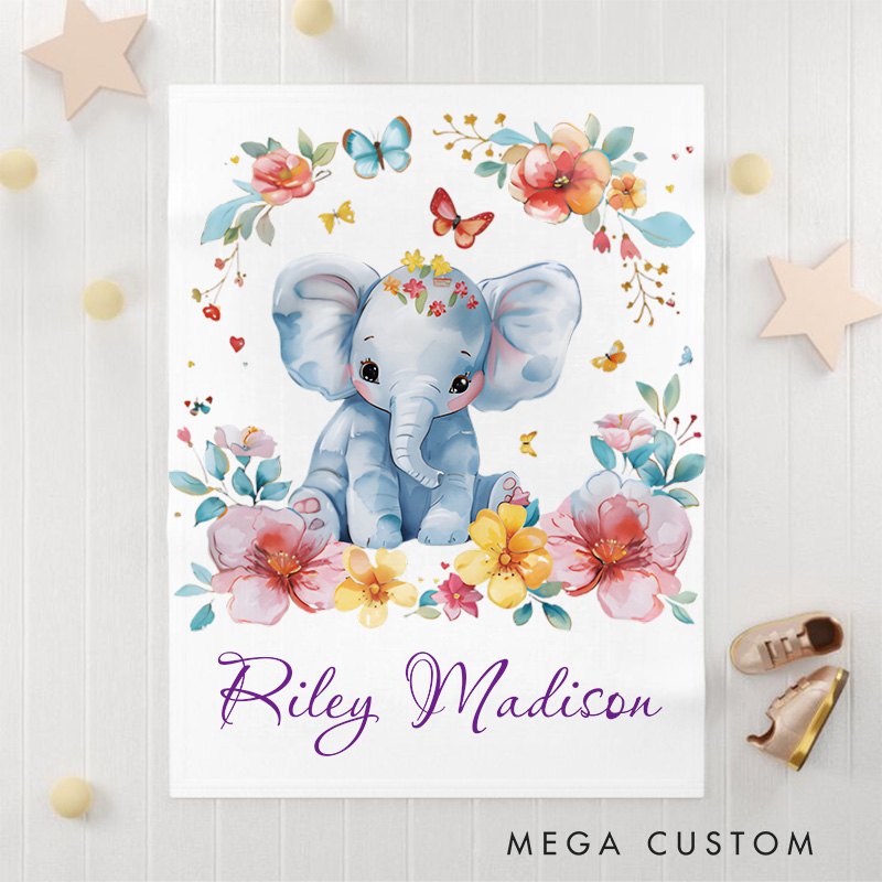 Personalized Elephant And Floral Baby Blanket Highlighting A Sweet Elephant Illustration Baby Blanket