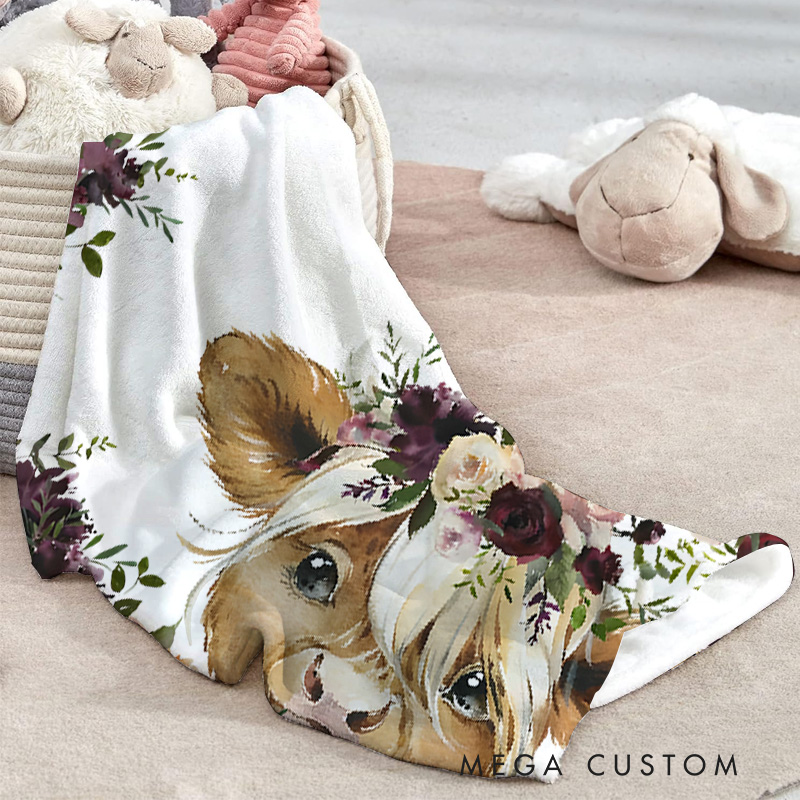 Personalized Cow Illustration Baby Blanket Featuring A Sweet Cow With Floral Accents Baby Blanket