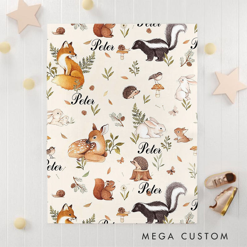 Personalized Woodland Animals Baby Blanket Showcasing Playful Forest Creatures And Nature Elements Baby Blanket