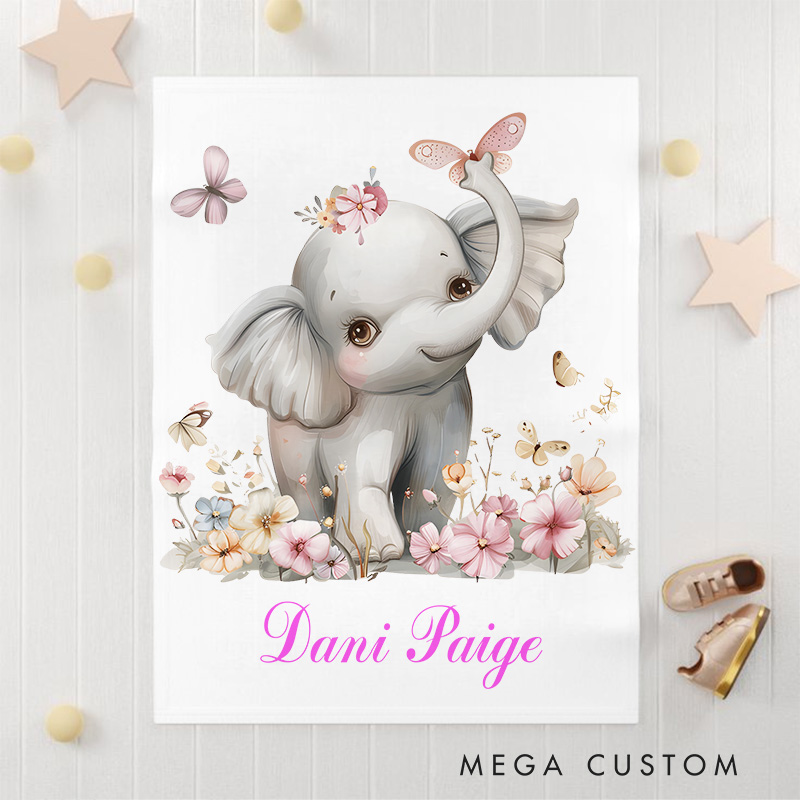 Personalized Elephant Illustration Baby Blanket Highlighting A Cute Elephant With Floral Details Baby Blanket