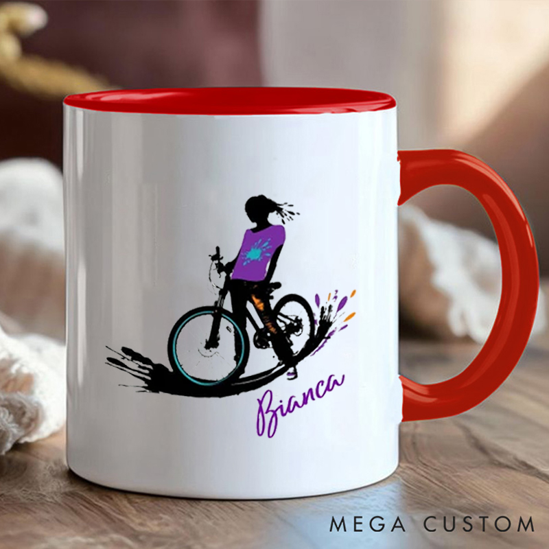 Personalized Cycling Coffee Cup Mug with Colorful Cyclist Illustration for Outdoor Adventures Riding Cycling Biking Enthusiasts