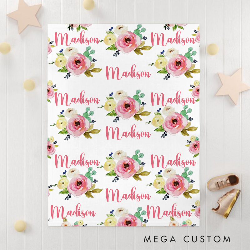 Personalized Floral Name Pattern Baby Blanket Showcasing Repeated Name Prints With Lovely Flowers Baby Blanket