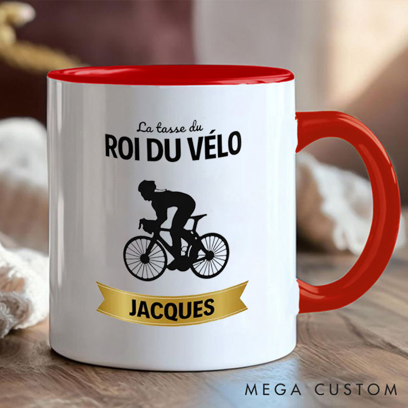 Personalized King of Cycling Coffee Cup Mug with Yellow Handle for Outdoor Adventures Riding Cycling Biking Enthusiasts