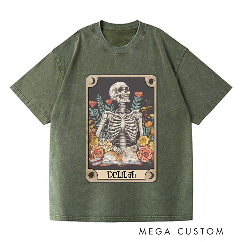 Personalized The Reader Tarot Card Washed T-Shirts Skeleton Reading Shirt Unisex Tarot Card Shirt Book Lover Gift Bookish Gift
