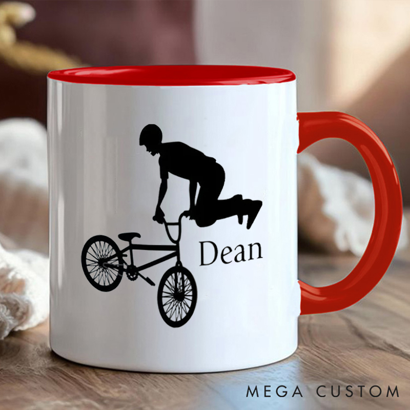 Personalized BMX Stunt Coffee Cup Mug with Stunt Rider Silhouette for Outdoor Adventures Riding Cycling Biking Enthusiasts