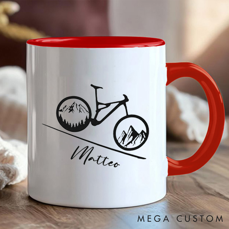 Personalized Mountain Bike Coffee Cup Mug with Scenic Bike Illustration for Outdoor Adventures Riding Cycling Biking Enthusiasts