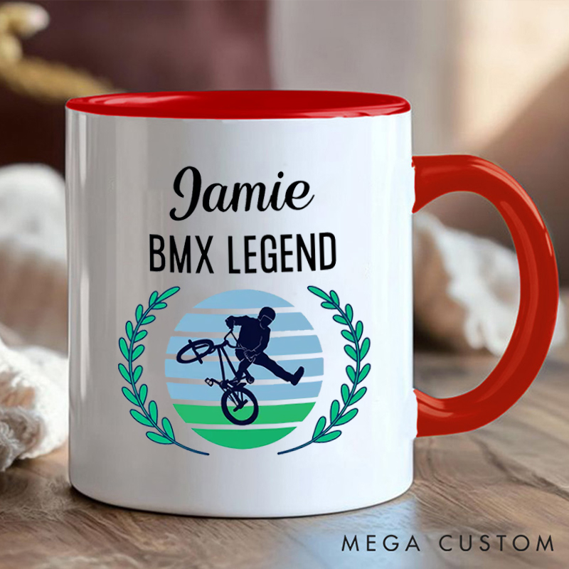 Personalized BMX Legend Coffee Cup Mug with Name and Stunt Design for Outdoor Adventures Riding Cycling Biking Enthusiasts
