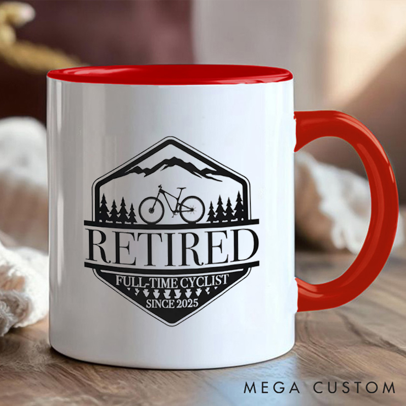 Personalized Retired Cyclist Coffee Cup Mug with Mountain Design for Outdoor Adventures Riding Cycling Biking Enthusiasts