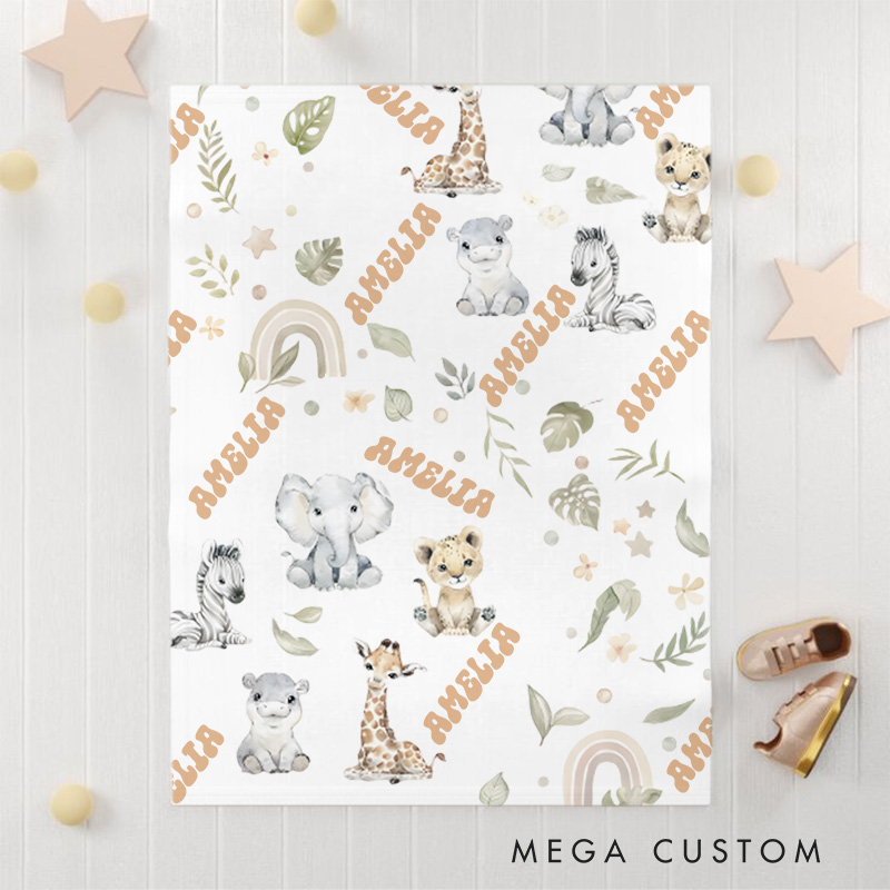 Personalized Safari Animal Pattern Baby Blanket Featuring Cute Animal Illustrations And Rainbows Baby Blanket  