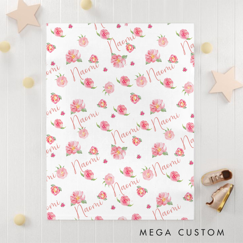 Personalized Floral Rose Pattern Baby Blanket Showcasing Beautiful And Delicate Rose Illustrations Baby Blanket  