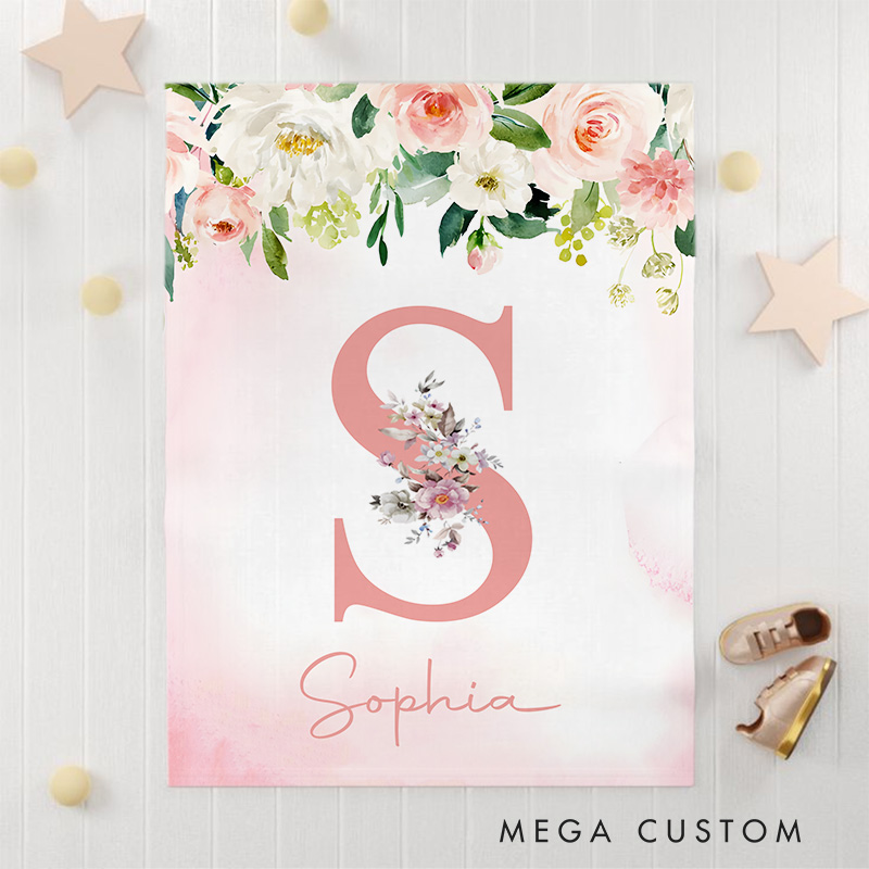 Personalized Initial And Floral Baby Blanket Featuring A Beautiful Initial With Floral Accents Baby Blanket