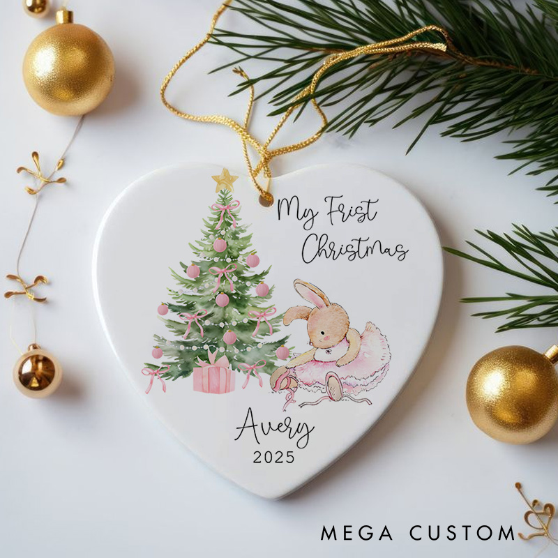 Personalized Heart Shaped Bunny and Tree Baby's First Christmas Ornament