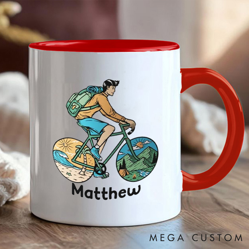 Personalized Adventure Cycling Coffee Cup Mug with Colorful Outdoor Illustration for Outdoor Adventures Riding Cycling Biking Enthusiasts