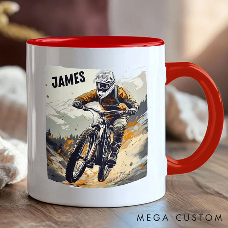 Personalized Mountain Biking Coffee Cup Mug with Downhill Biker for Outdoor Adventures Riding Cycling Biking Enthusiasts