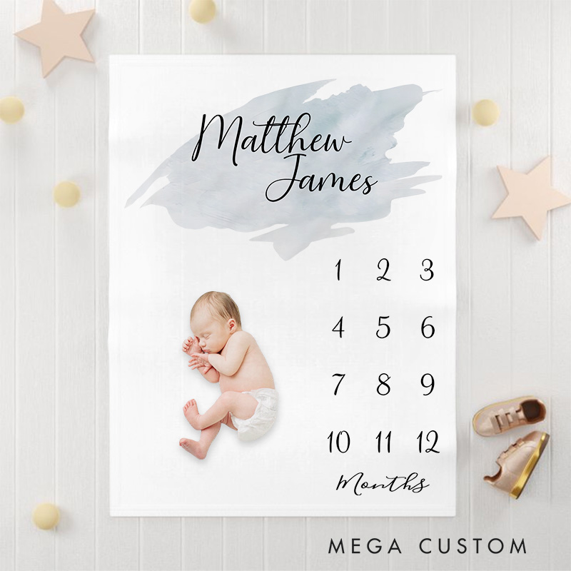 Personalized Watercolor Brushstroke Milestone Baby Blanket Highlighting A Name And Tracker Baby Blanket